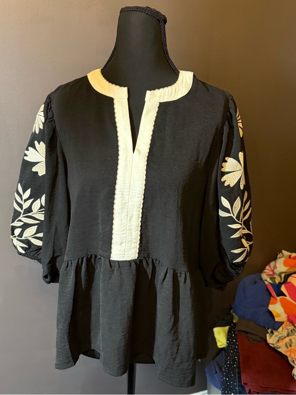 Woven Black Peasant Blouse with Cream Embroidered Trim